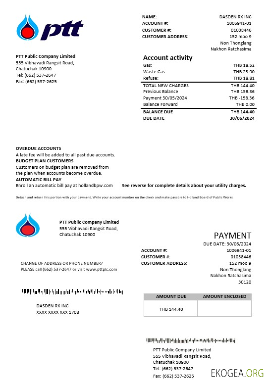 Modèle de facture de services publics de gaz PTT en Thaïlande aux formats Word et PDF
